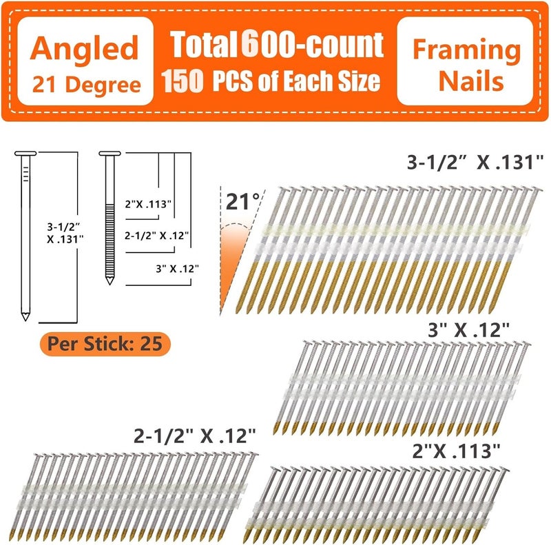 SITLDY 21 Degree Framing Nails 600 Count, 4 Sizes (2"+2-1/2"+3.0" Ring Shank+3-1/2" Smooth Shank), Full Round Head Hot Dipped Galvanized, 150 per Size, Assorted Size, 20 to 22 Degree Framing Nailer - Image 2